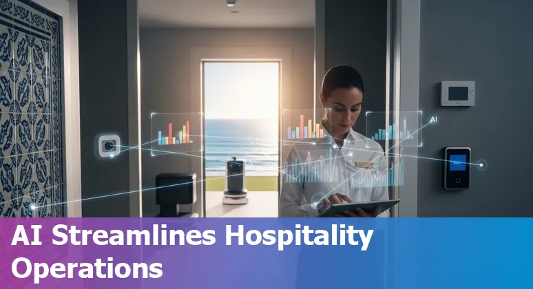 Hotel lobby with AI kiosk and housekeeping robot in a Portugal hotel