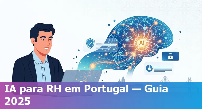 HR professional reviewing AI dashboard and policy templates in an office in Portugal, 2025