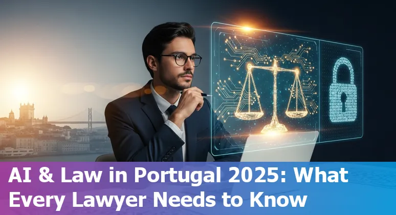 Legal professional using AI tools with Lisbon skyline and Portuguese flag, Portugal