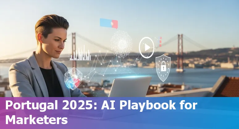 Collage of AI marketing tools, GDPR shield and a Portugal map illustrating AI for marketers in Portugal, 2025