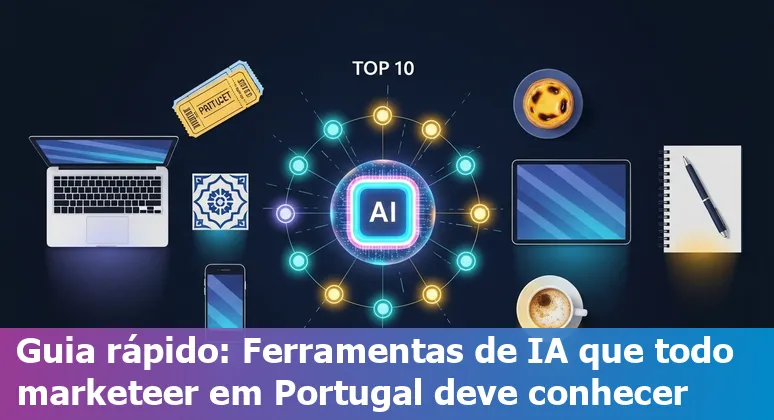 Collage of AI marketing tool logos (ChatGPT, Jasper, SEMrush, HubSpot, Adobe Firefly) over a faint map of Portugal