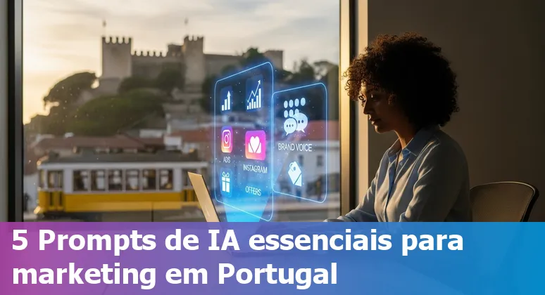 Portuguese marketing team using AI prompts on a laptop with icons for ads, Instagram, brand voice, and offers.