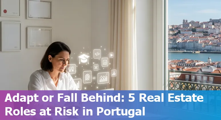 Portuguese real estate professional using laptop with AI icons and a map of Portugal in the background