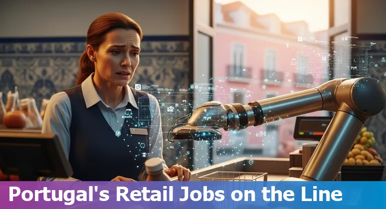 Retail workers in a Portuguese supermarket using tablets with AI-powered inventory and checkout systems in the background