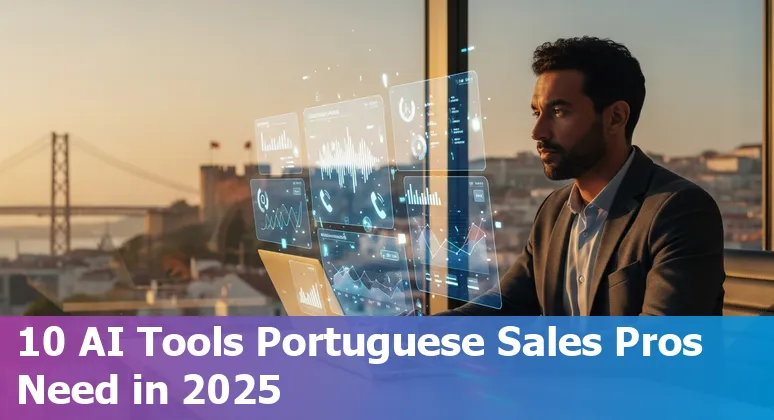Sales professional in Lisbon using AI sales dashboards (HubSpot, Salesforce) on a laptop with city view.