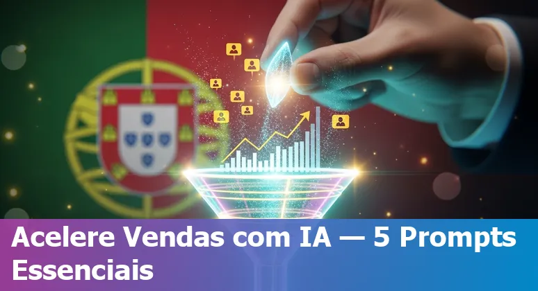 Profissional de vendas usando prompts de IA num portátil com a linha do horizonte de Lisboa ao fundo.
