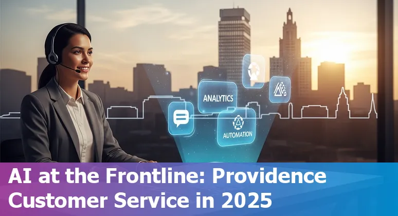 Customer service agent using AI chat tools in Providence, RI skyline backdrop