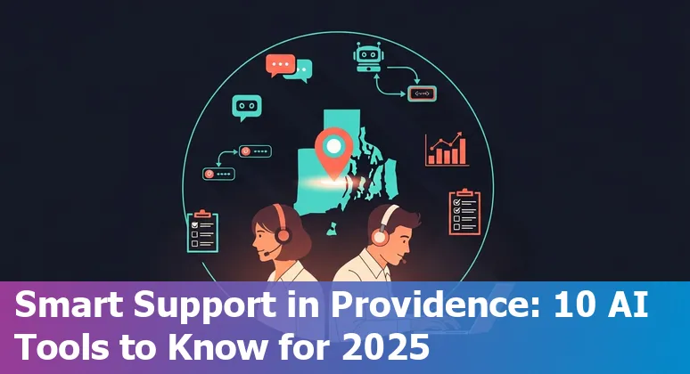 Customer service agent using AI chat tools on a laptop, Providence skyline in background.