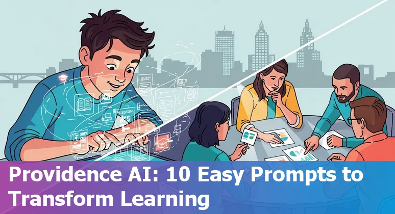 Teachers and students in a Providence classroom using AI tools like ChatGPT, Copilot, and Adobe Firefly on laptops.