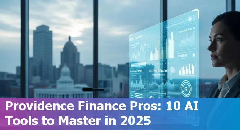 Laptop screen showing financial dashboard and AI tool logos over a Providence skyline backdrop.