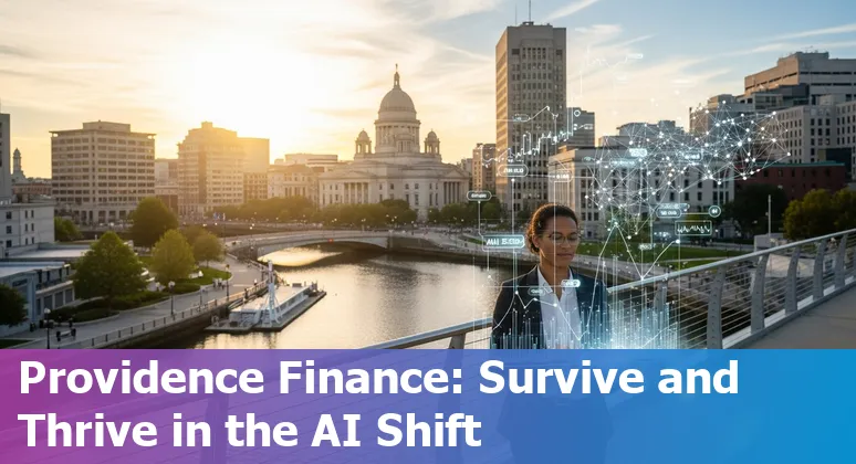 Finance professional using AI tools on a laptop in Providence, Rhode Island, USA, skyline visible in background