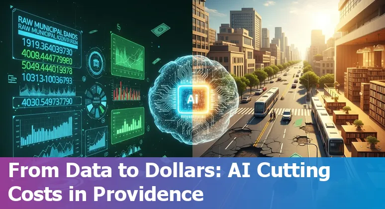 Providence, Rhode Island city hall with AI and digital transformation icons overlaid
