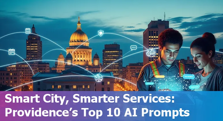 Residents and government officials discussing AI policy in Providence, Rhode Island, with a survey form and city skyline in background.