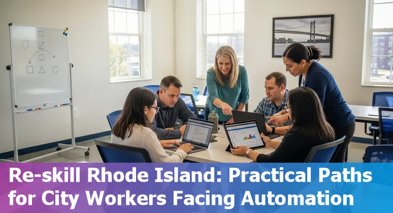 Government worker using AI tools with Rhode Island College and Providence government buildings in background