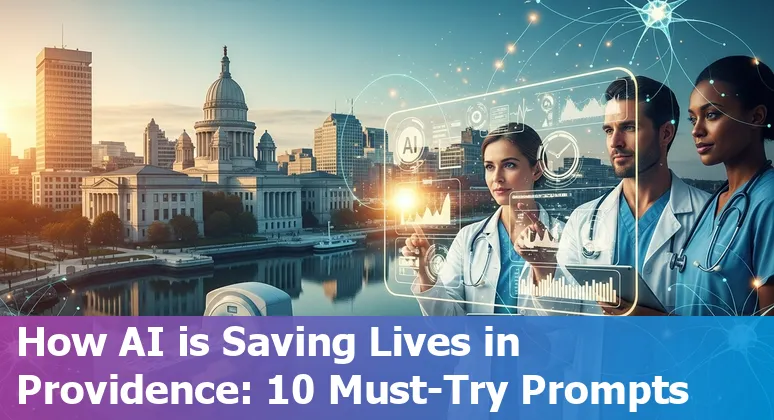 Illustration of AI-driven healthcare in Providence: MRI, doctor notes, chatbots, and local skyline.