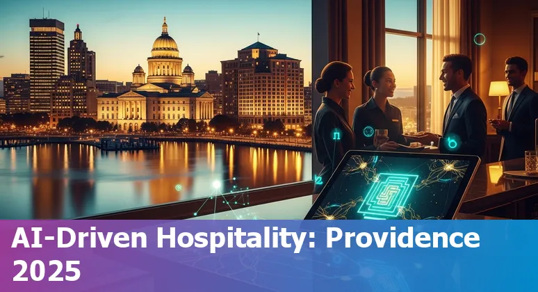 Hotel front desk using AI tools in Providence, Rhode Island, with Providence skyline in the background