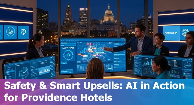 Hotel front desk in Providence with an AI voice assistant screen and local Providence map.