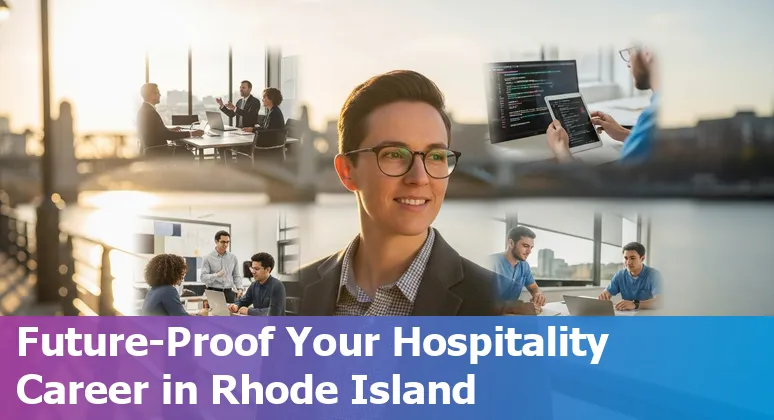 Providence skyline with hospitality workers and icons of AI tools and training programs
