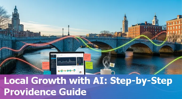 Marketing professional using AI tools to plan a Providence, Rhode Island campaign with WaterFire and local neighborhoods on screen.