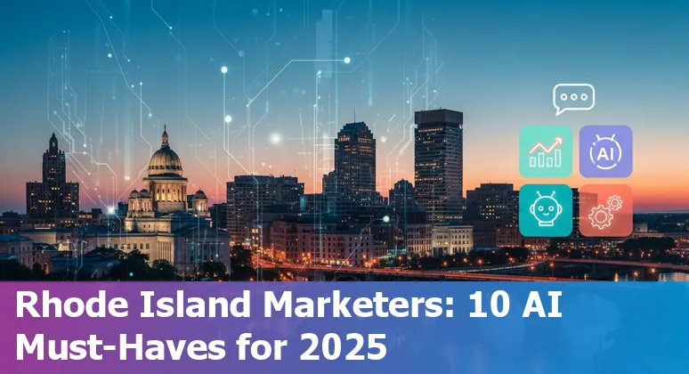 Collage of AI marketing tool logos and a Providence skyline to illustrate AI tools for local marketers in 2025.