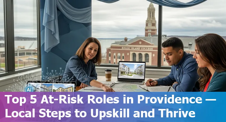 Providence skyline with Quonset Business Park overlay showing industrial hubs and real estate icons.