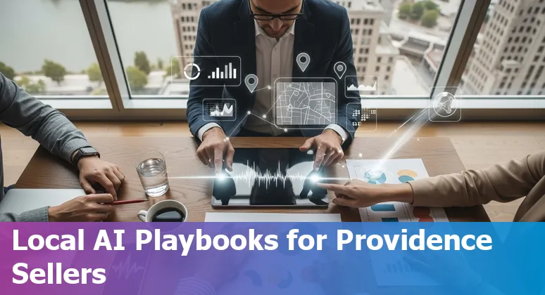 Sales professional using AI tools on a laptop with Providence, Rhode Island skyline and WaterFire in the background