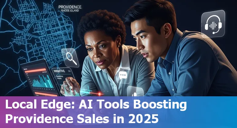 Sales professional using AI sales tools dashboard with Providence skyline in background