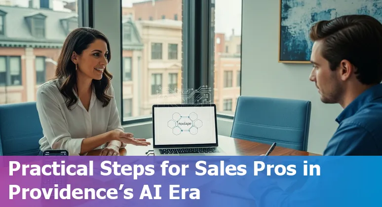 Sales professional using AI tools on a laptop in Providence, Rhode Island skyline in background