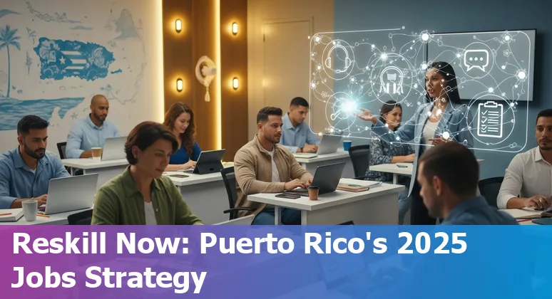 Puerto Rico customer service agent using AI assistant interface, island skyline in background