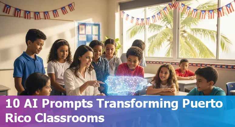 Teacher using AI in classroom with Puerto Rico flag and bilingual materials