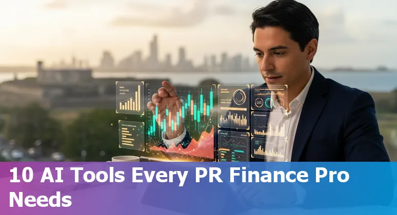 Finance professional using AI tools on a laptop with charts and Puerto Rico flag