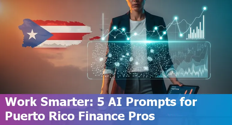 Finance professional in Puerto Rico using AI prompts on a laptop to generate cash forecasts, AR aging reports, and cost-savings analyses.