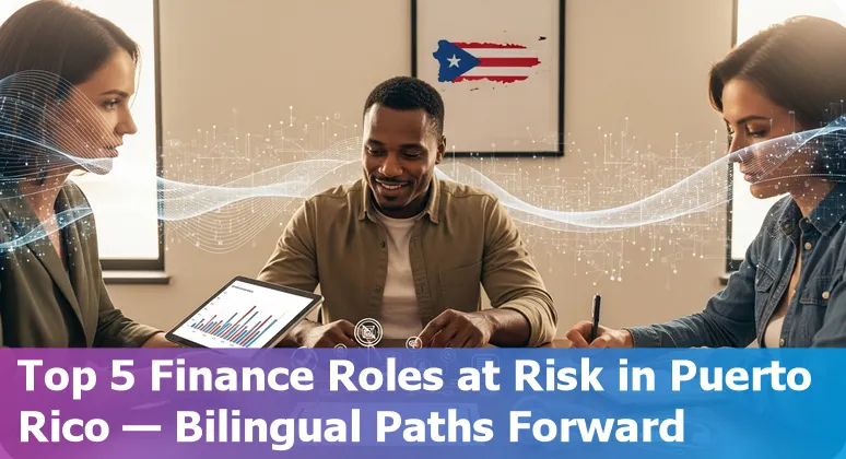 Puerto Rico skyline with financial icons, AI network overlay, and bilingual workforce symbols