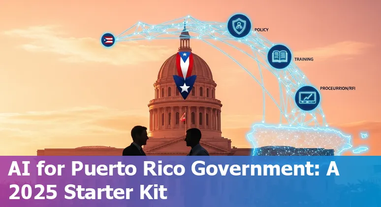 Graphic showing AI integration in Puerto Rico government: virtual assistant, data analytics, and policy icons over Puerto Rico map