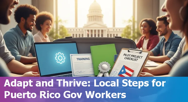 Puerto Rico government employee learning AI tools with agency logos and training resources in the background