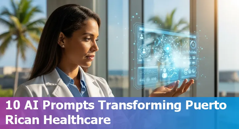 Illustration of AI tools improving healthcare in Puerto Rico with icons for imaging, chatbots, telehealth, and analytics.