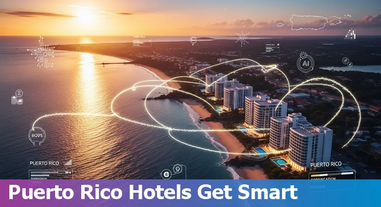 Hospitality staff and AI dashboard showing savings and efficiency for Puerto Rico hotels and restaurants