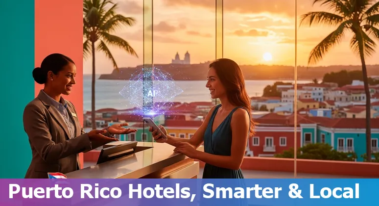 Hotel front desk with bilingual AI chatbot on screen and a palm-tree-lined Puerto Rico beach in the background