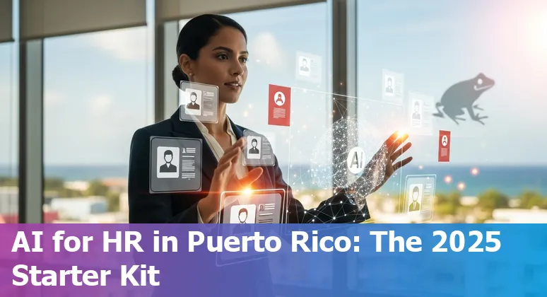 Puerto Rico HR professional using AI tools on a laptop with bilingual dashboards — Puerto Rico context
