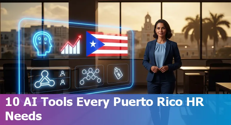 Puerto Rico HR professional using AI tools on laptop with logos of HireVue, Paradox, Eightfold, Workday and others.