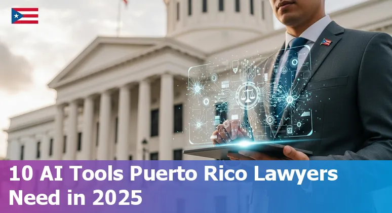 Puerto Rico legal professionals using AI tools on a laptop with San Juan skyline in the background