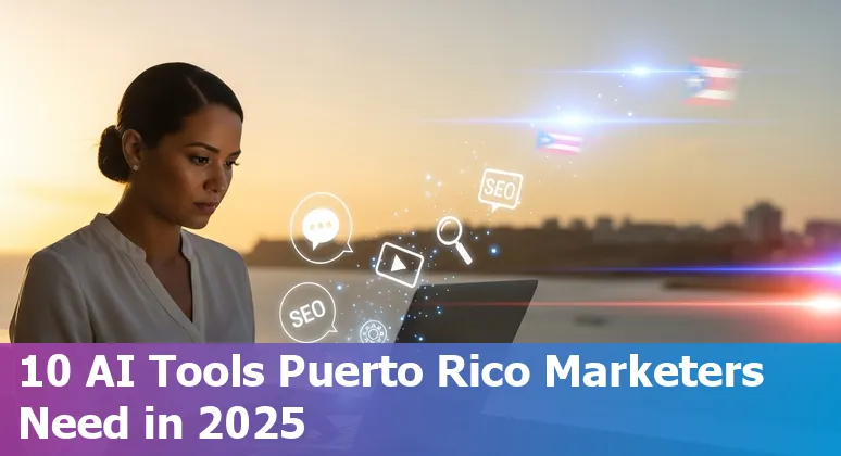 Collage of AI marketing tool logos (Jasper, HubSpot, SEMrush, ManyChat, Synthesia) used by Puerto Rico marketers in 2025