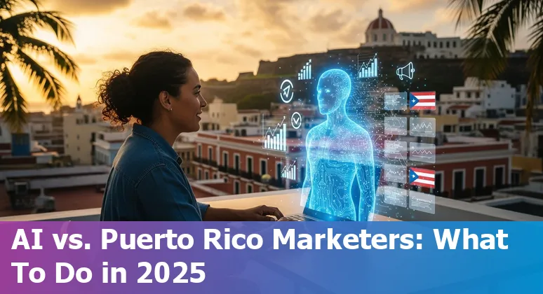 Marketing team using AI tools in Puerto Rico office with San Juan skyline visible