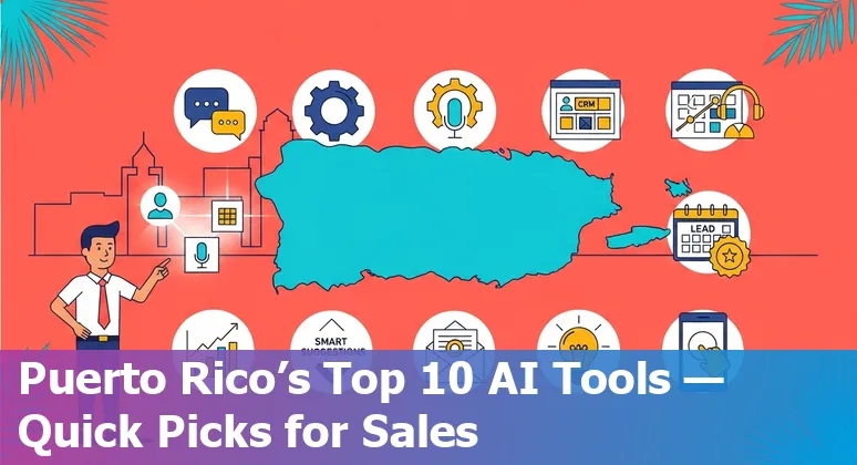 Sales professional in Puerto Rico using AI sales tools on a laptop with charts and local map
