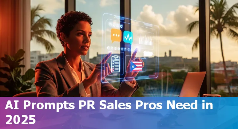 Puerto Rico sales professional using AI prompts on a laptop with Puerto Rican flag visible