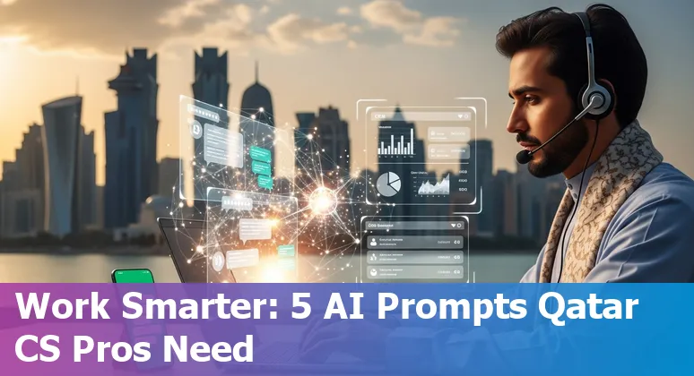 Customer service agents using AI prompts on laptops with Qatar skyline in the background