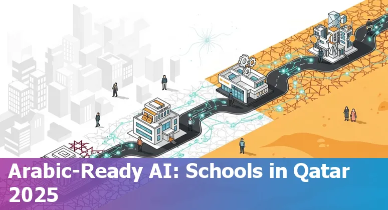 Illustration of AI in a Qatar classroom with students, Arabic-language AI tools, and Education City buildings in the background