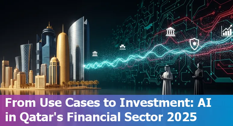 Illustration of AI in Qatar's financial services 2025 with Doha skyline, banking icons and AI model symbols in Qatar.