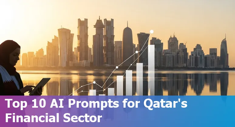 Illustration of AI use cases in Qatar's financial services with Arabic and English icons, sandboxes, and security shield.