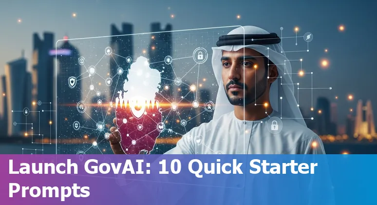 Illustration of AI use cases in Qatar government: GovAI, Fanar, Lusail City, KAHRAMAA, Sidra Medicine and emergency response icons
